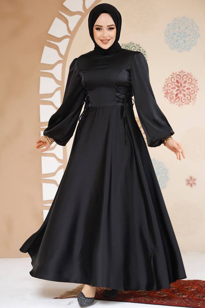 Modest Black Satin Engagement Gown 61501S - 1