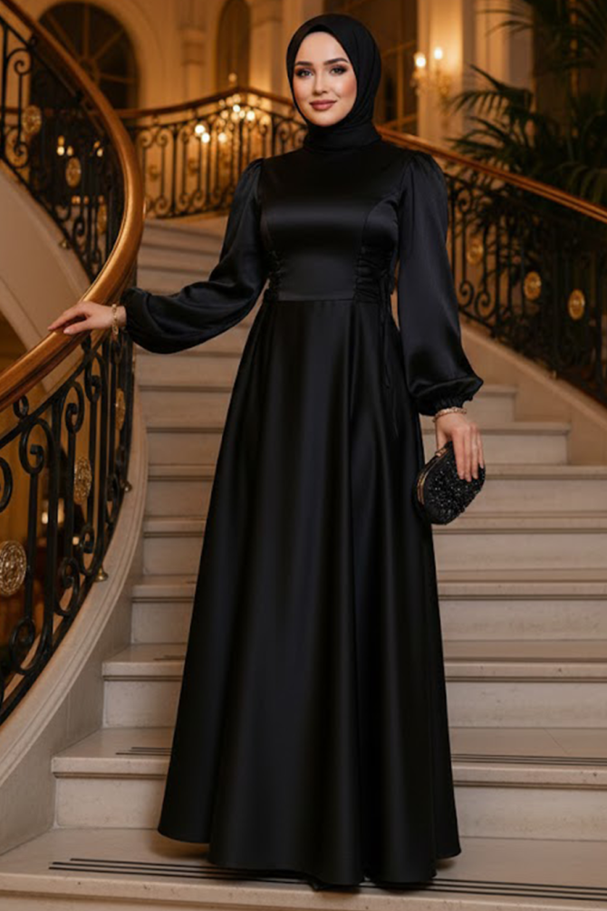 Modest Black Satin Engagement Gown 61501S - 1