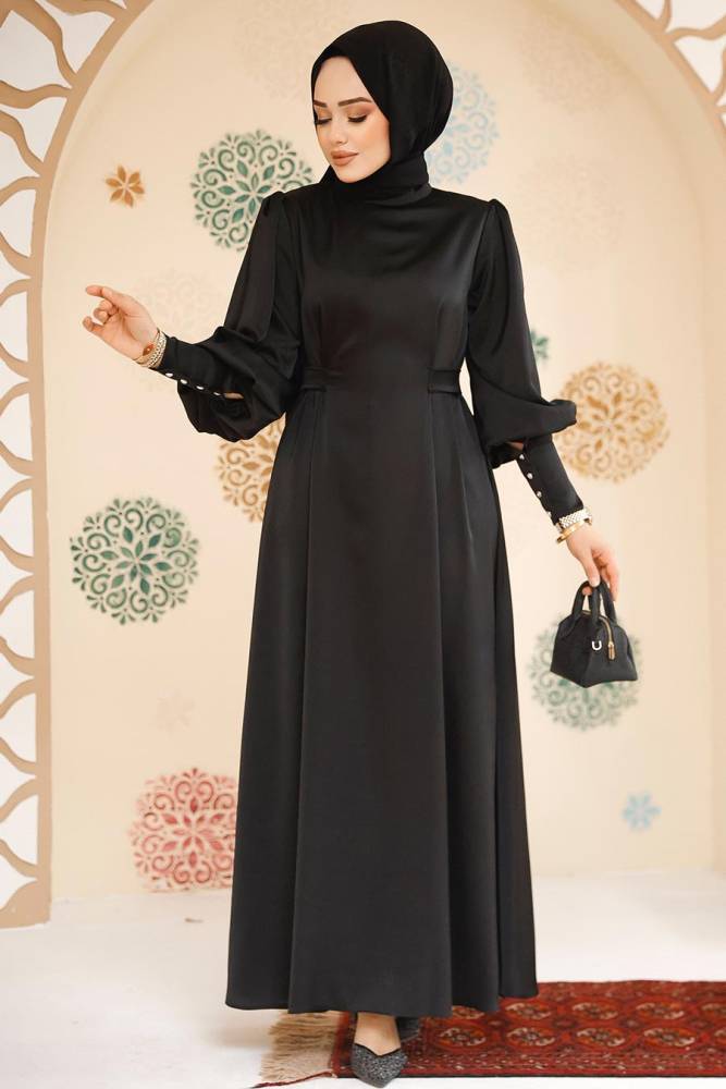 Modest Black Satin Evening Dress 61651S - 2
