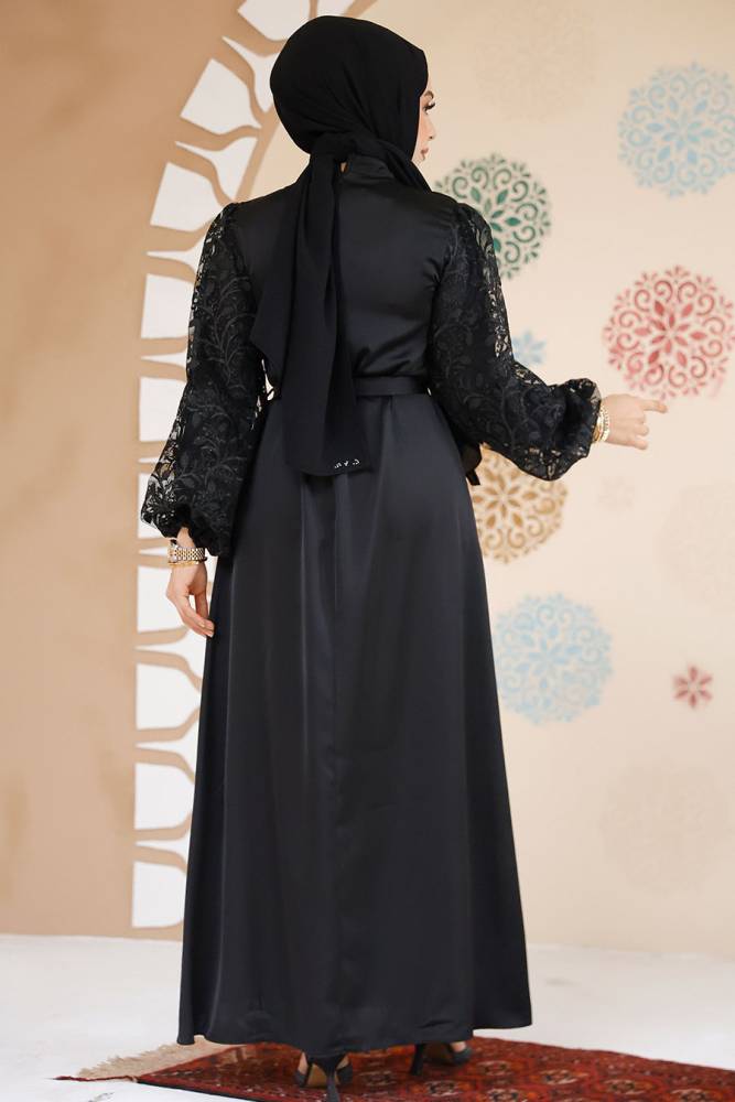 Modest Black Satin Evening Dress 61651S - 3