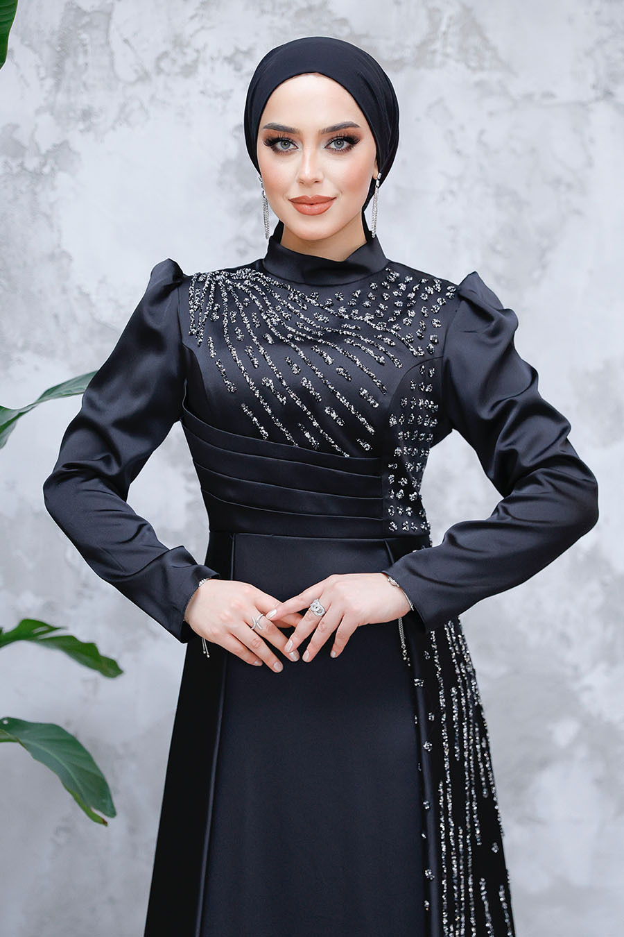 Modest Black Satin Evening Gown 47112S - Neva-style.com