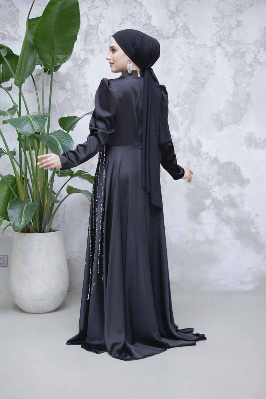 Modest Black Satin Evening Gown 47112S - Neva-style.com
