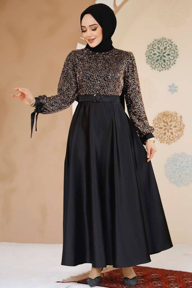 Modest Black Satin Evening Gown 6176S - 2