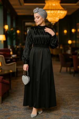 Modest Black Satin Plus Size Dress 65880S - 1