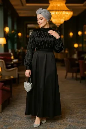 Modest Black Satin Plus Size Dress 65880S 