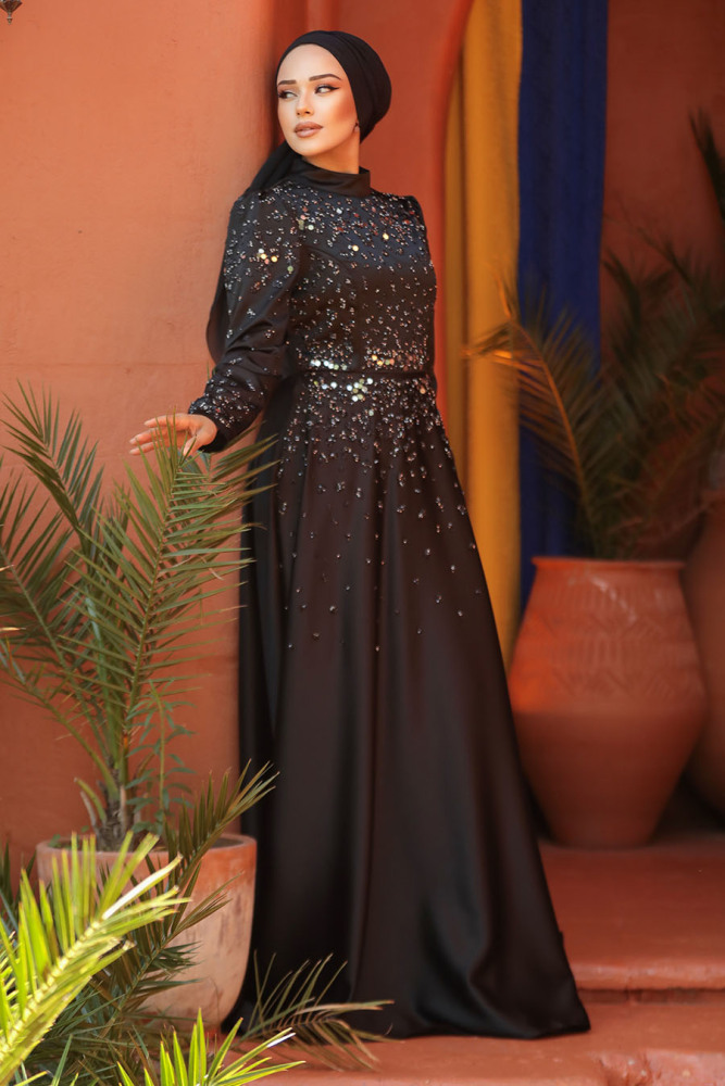 Modest Black Satin Prom Dress 25894S - 4