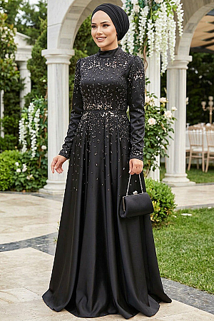 Modest Black Satin Prom Dress 25894S - 1