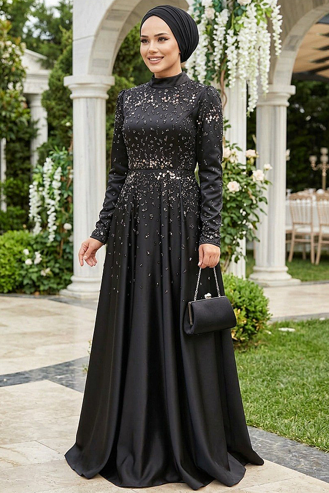 Modest Black Satin Prom Dress 25894S - 1