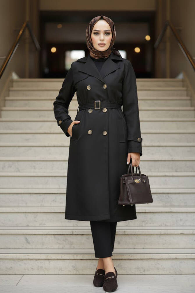 Modest Black Trench Coat 60500S - NEVA STYLE