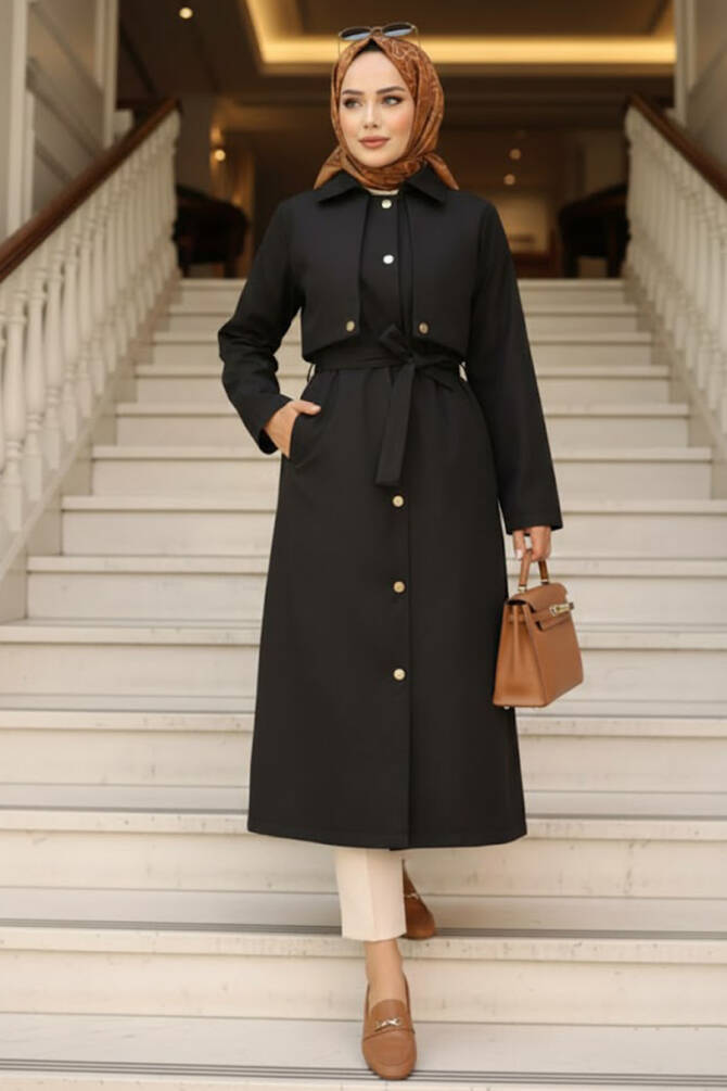 Modest Black Trench Coat 62131S - NEVA STYLE