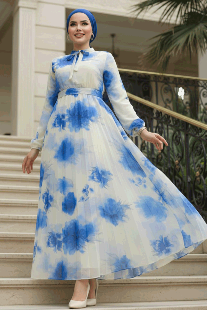 Modest Blue Chiffon Long Sleeve Dresses 50356M - 1