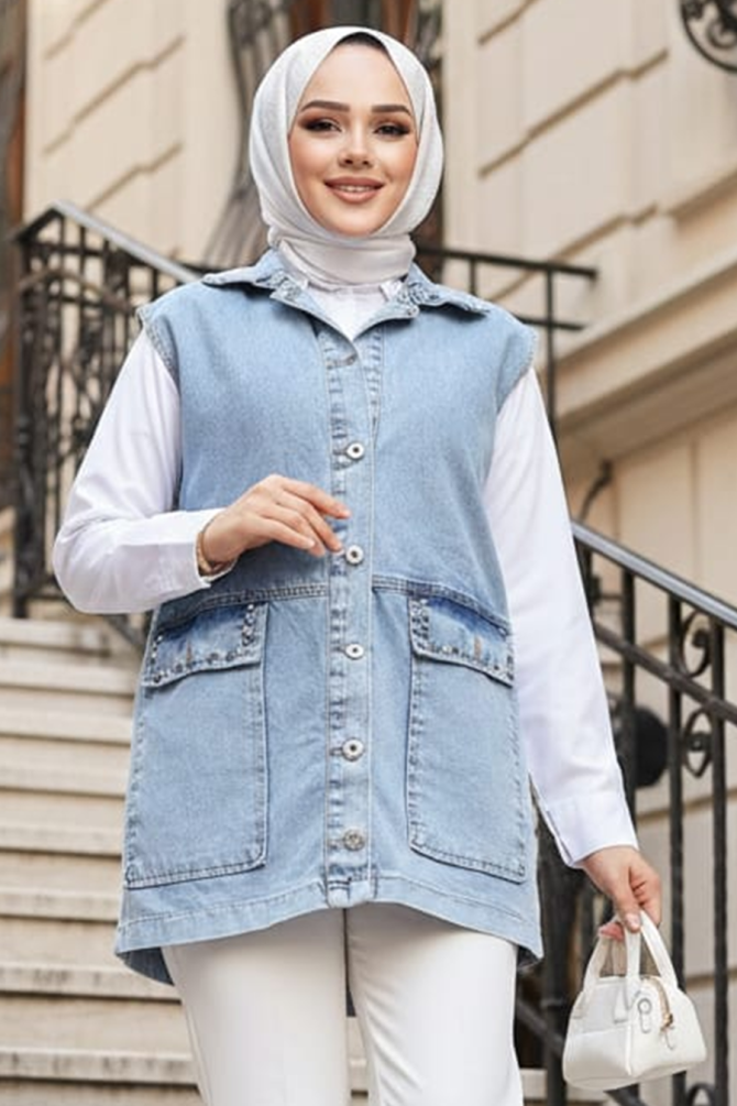 Modest Blue Denim Vest 20444M - NEVA STYLE