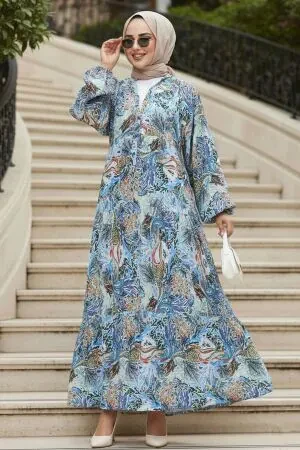 Modest Blue Floral Dress 235805M 