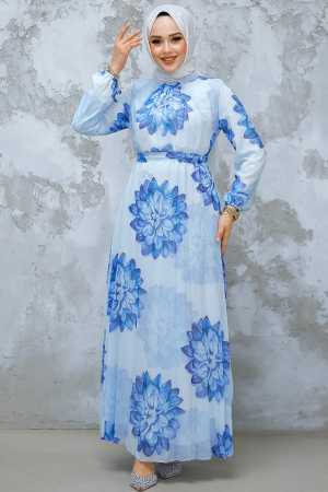 Modest Blue Pleated Floral Dress 344603M - 2