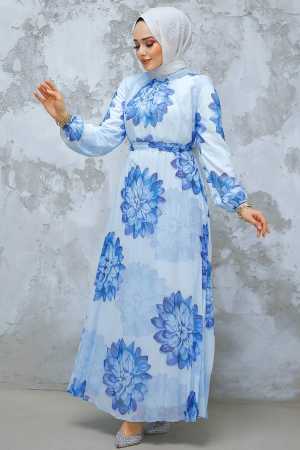 Modest Blue Pleated Floral Dress 344603M - 1