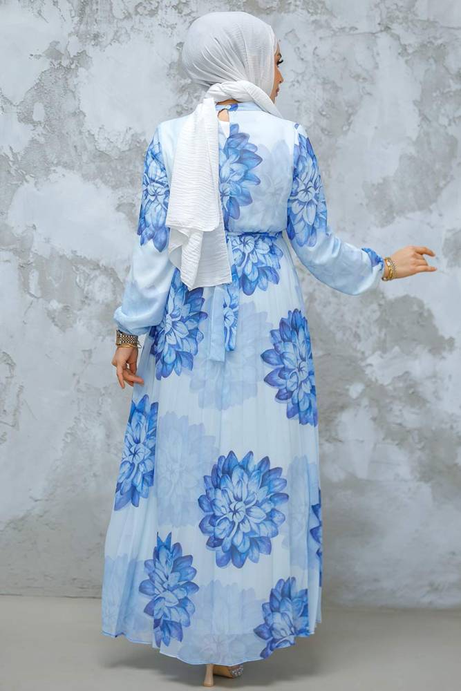 Modest Blue Pleated Floral Dress 344603M - 3