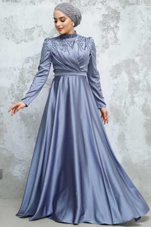 Modest Blue Satin Evening Dress 4433M - 1