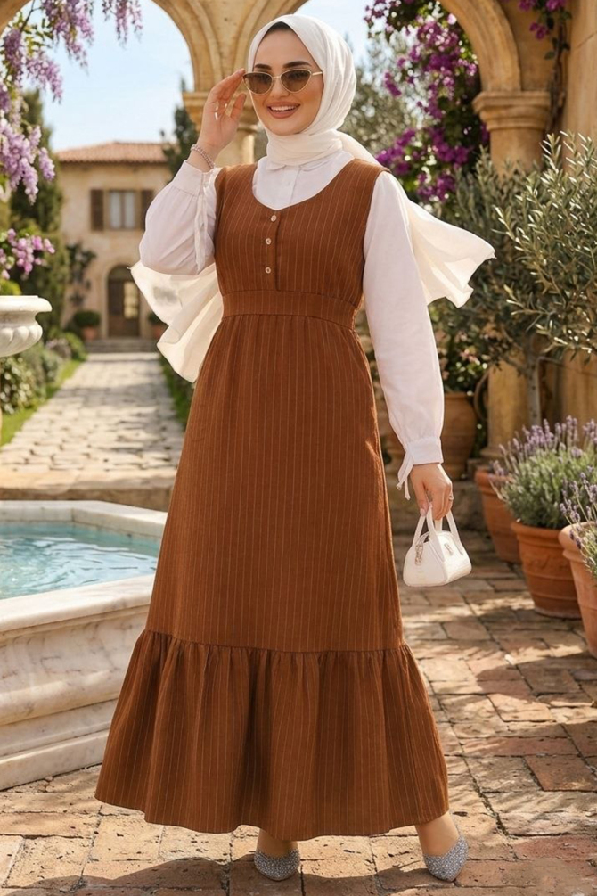 Modest Brown Gilet Dress 70501KH - 1