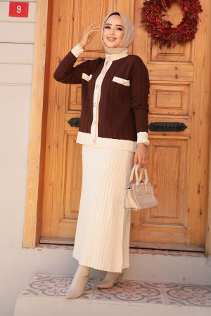 Modest Brown Knitwear Dual Skirt Suit 24196KH - 2