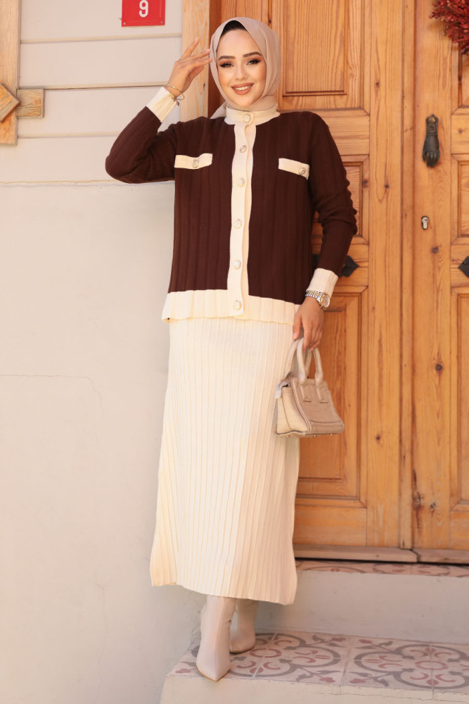 Modest Brown Knitwear Dual Skirt Suit 24196KH - 3