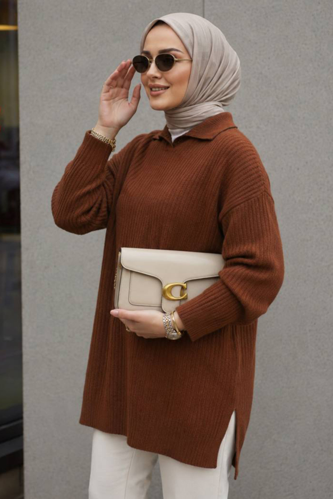 Modest Brown Knitwear Tunic 65903KH - 1