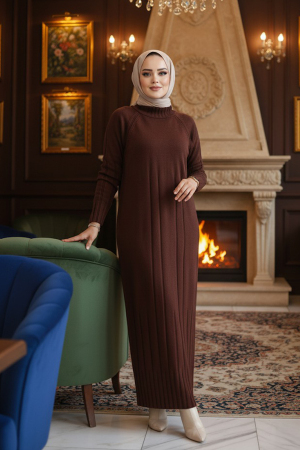 Modest Brown Long Knitwear Dress 31230KH - 1