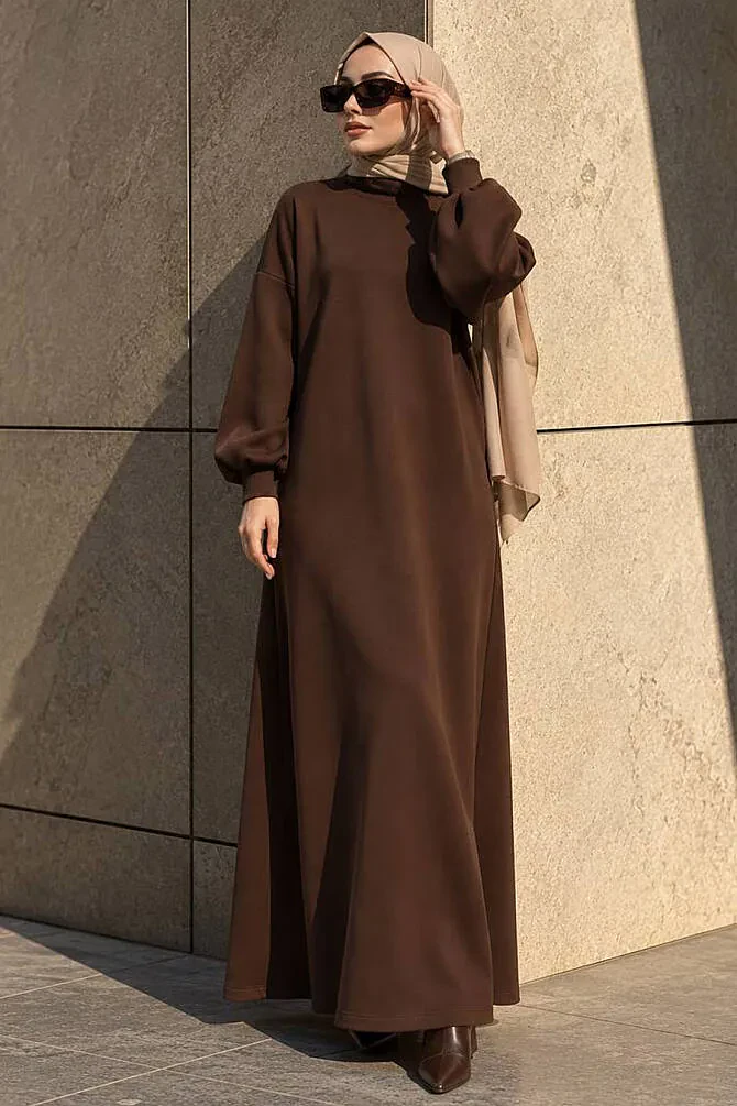 Modest Brown Long Sleeve Dress 23641KH - 1