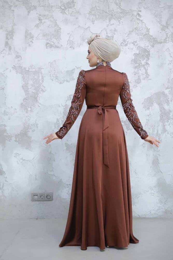 Modest Brown Satin Evening Dress 4433KH - 4