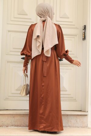 Modest Brown Satin Evening Dress 61031KH - 2