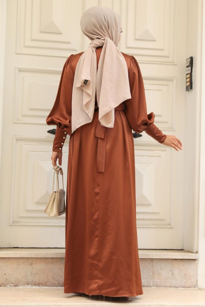 Modest Brown Satin Evening Dress 61031KH - 2