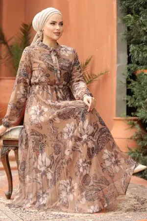 Modest Camel Chiffon Floral Dresses 50355C 