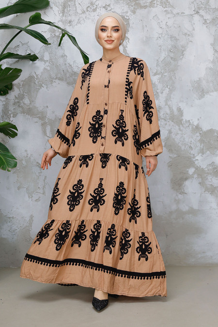 Modest Camel Floral Dress 25491C - 1