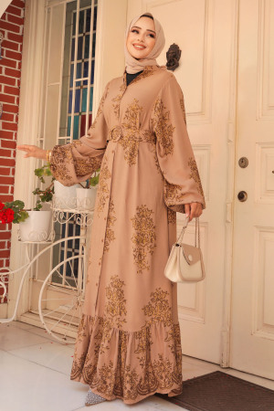 Modest Camel Floral Long Dress 19481C - 1