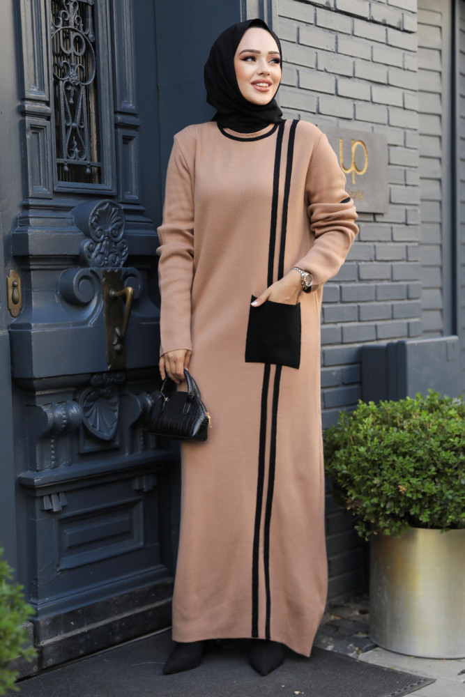 Modest Camel Knitwear Long Dress 24301C - 2