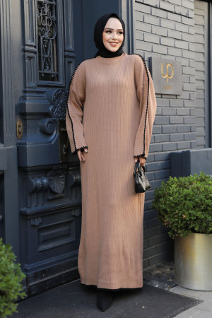 Modest Camel Knitwear Long Sleeve Dress 24312C - 3