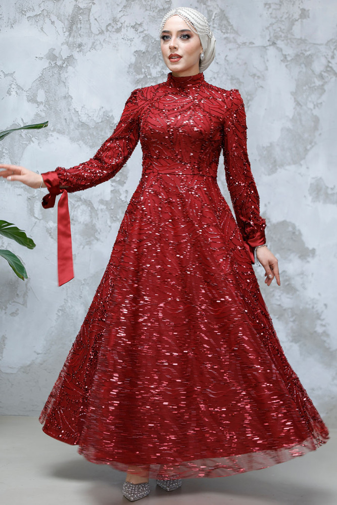 Modest Claret Red Elegant Evening Gown 4908BR - 4