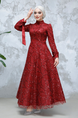 Modest Claret Red Elegant Evening Gown 4908BR - 1