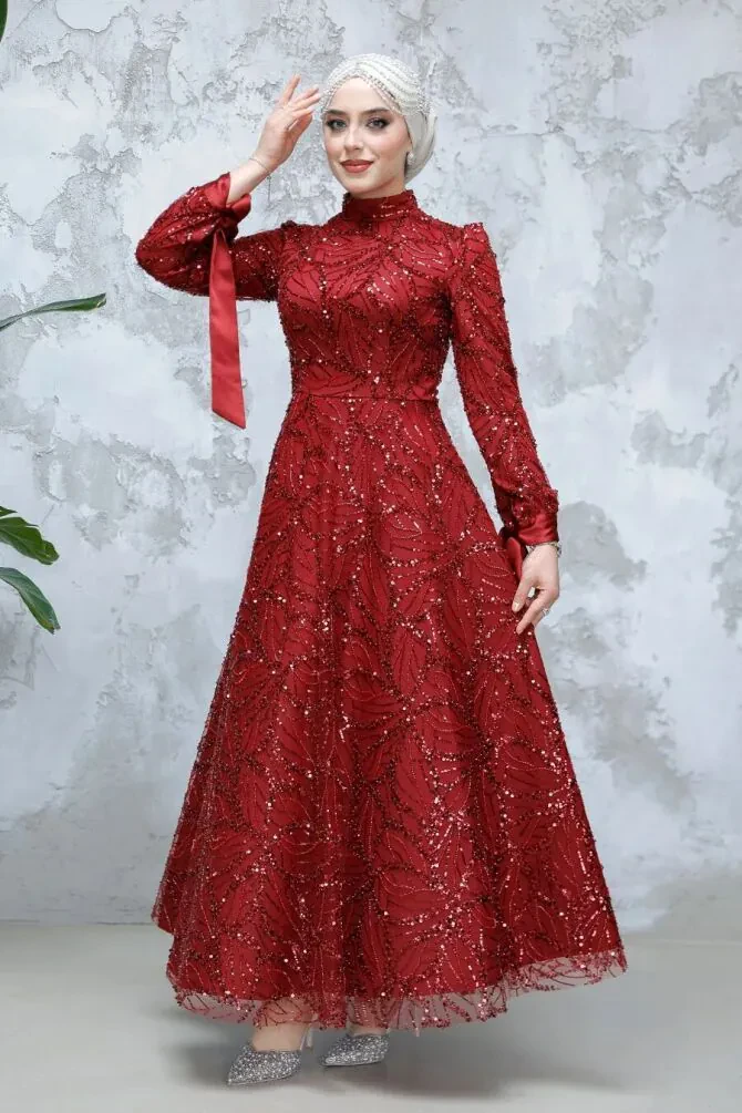 Modest Claret Red Elegant Evening Gown 4908BR - 1