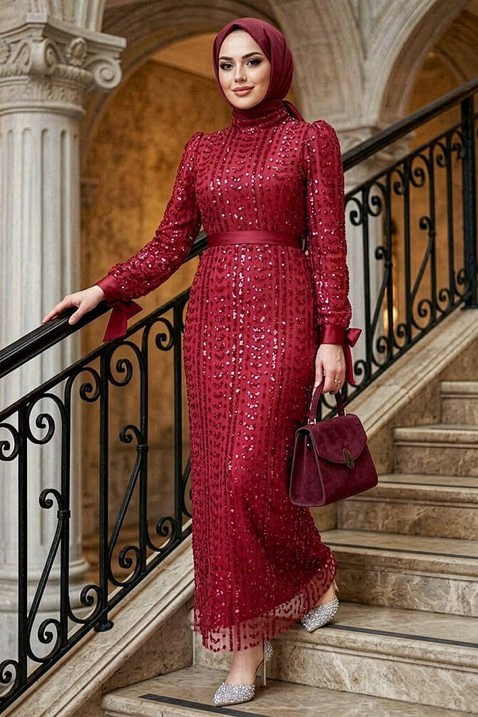 Modest Claret Red Engagement Gown 4891BR - 1
