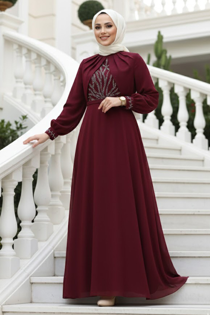 Modest Claret Red Evening Gown 25886BR - 1