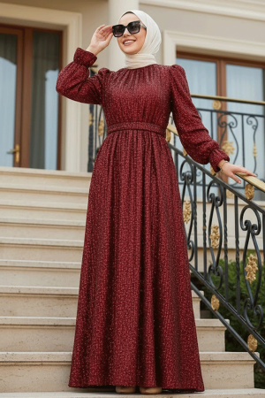 Modest Claret Red Evening Gown With Long Sleeve 44961BR - 1