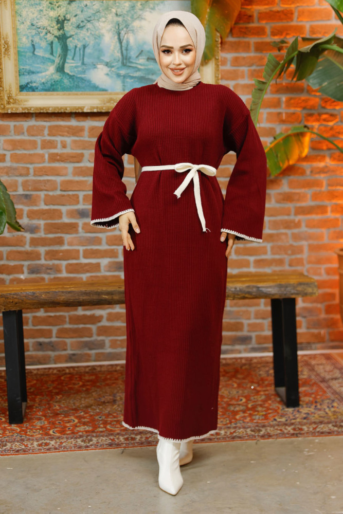 Modest Claret Red Knitwear Dress 34201BR - 2