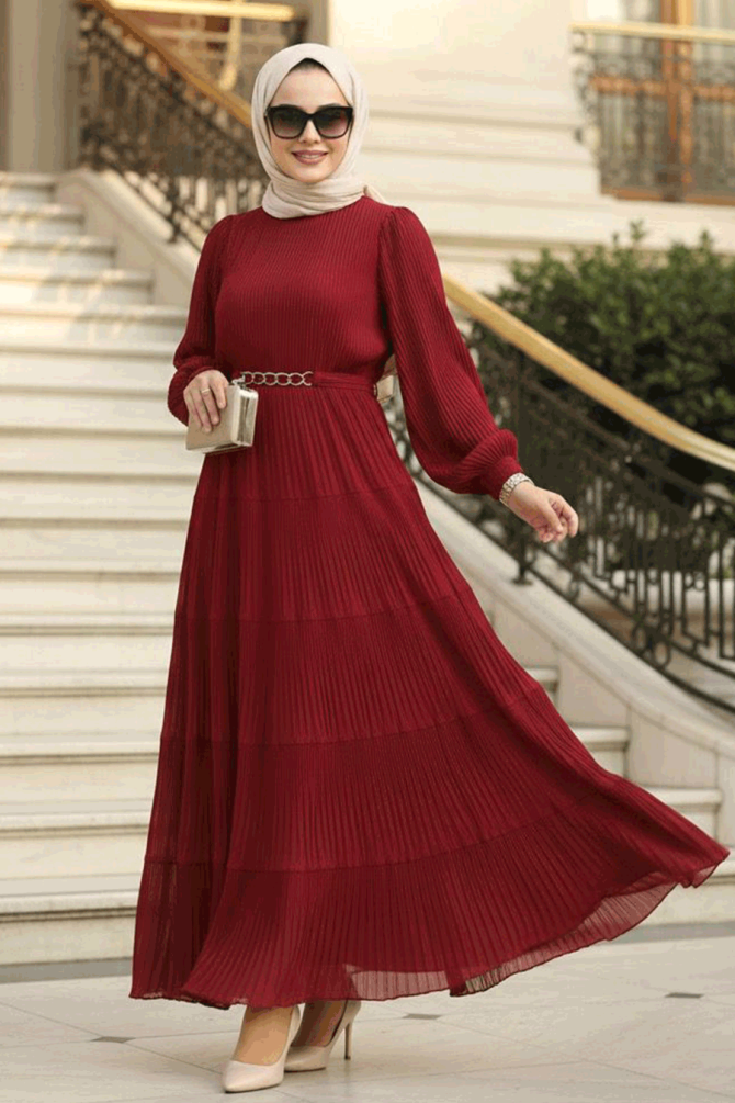 Modest Claret Red Ruffle Dress 44761BR - NEVA STYLE