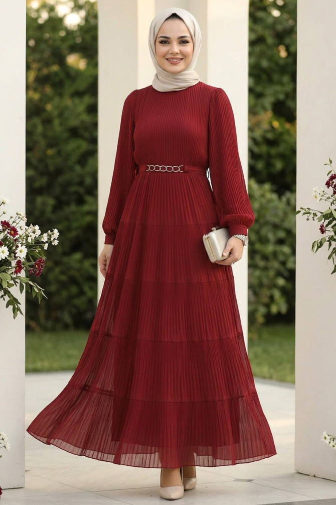 Modest Claret Red Ruffle Dress 44761BR - 1