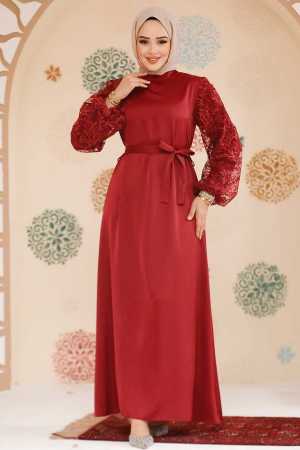 Modest Claret Red Satin Prom Gown 61512BR - 2
