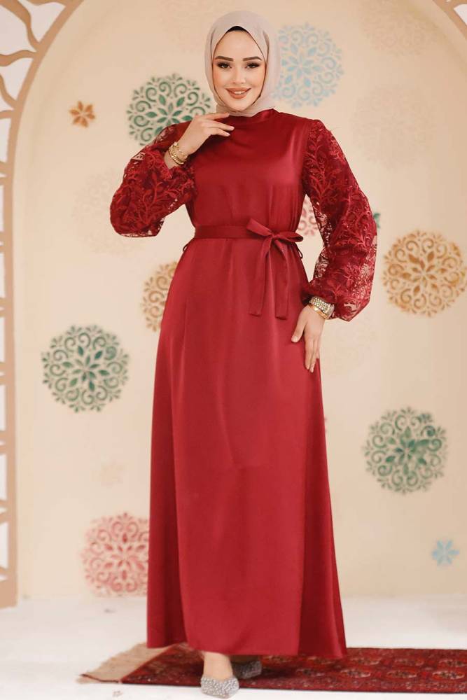Modest Claret Red Satin Prom Gown 61512BR - 2