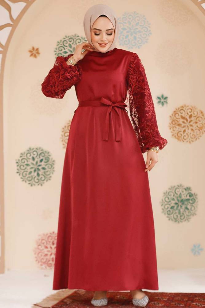 Modest Claret Red Satin Prom Gown 61512BR - 1