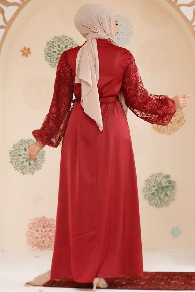 Modest Claret Red Satin Prom Gown 61512BR - 3