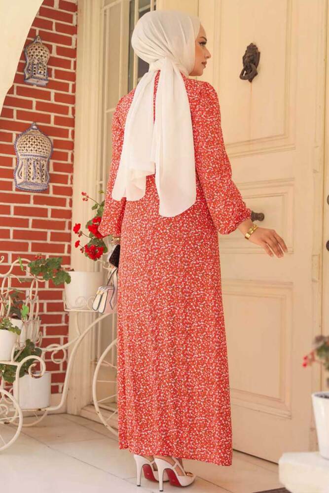 Modest Coral Long Floral Dress 6108MR - 2