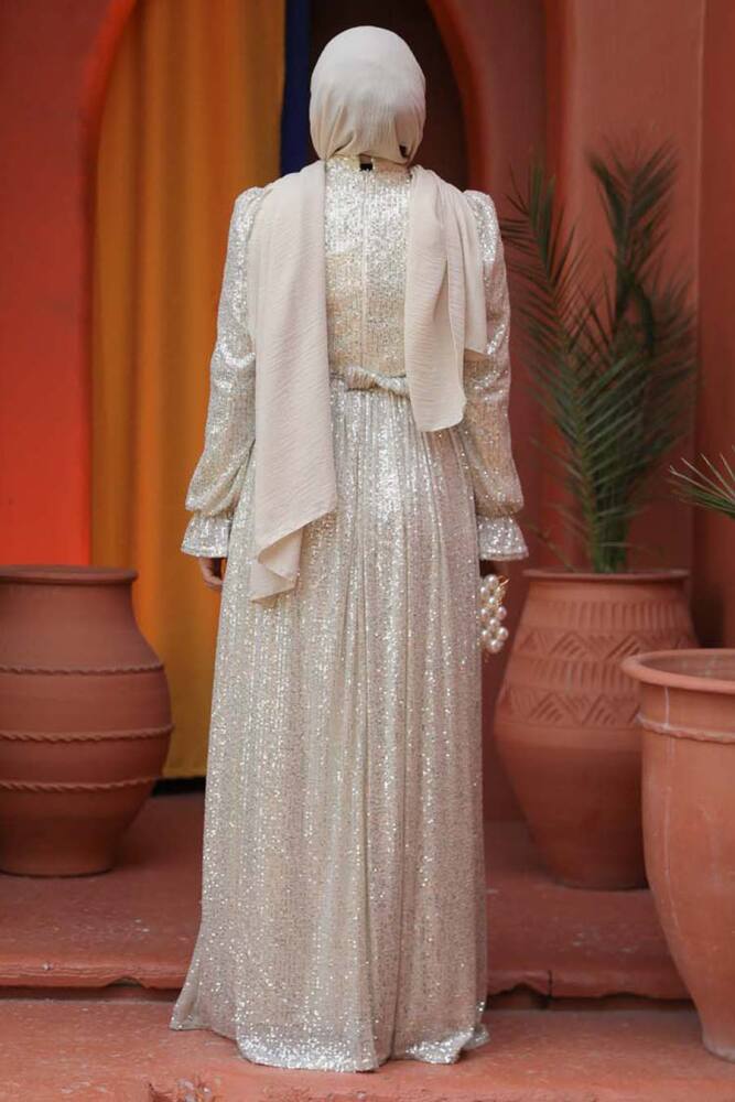 Modest Cream Evening Gown With Long Sleeve 44961KR - 3